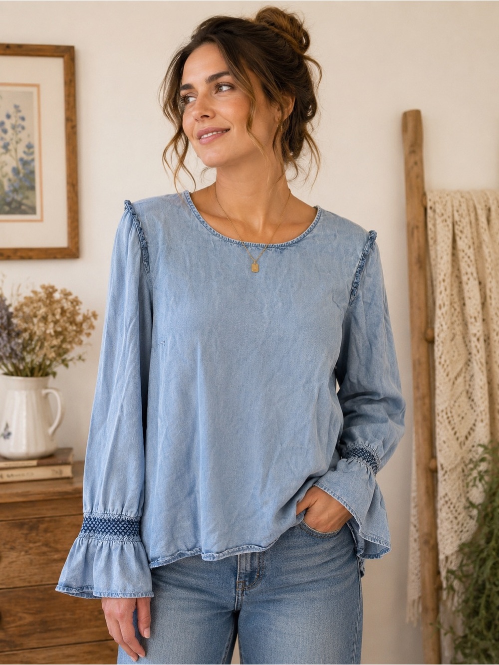 Alexander Jordan Tencel Boho Blouse Blue Ruffle Sleeve Cottagecore Top M